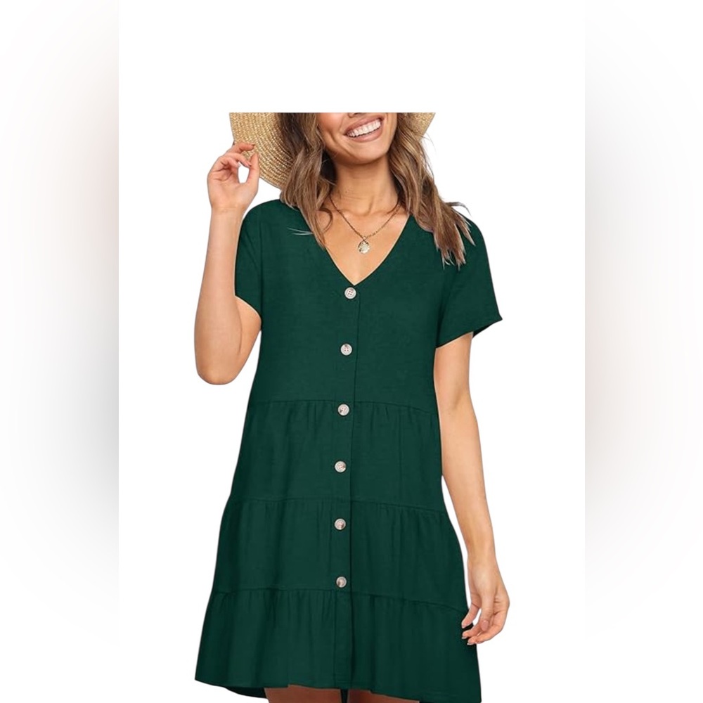 Green Button-Front Short Sleeve Tiered Mini Dress | Size S l Poshmark